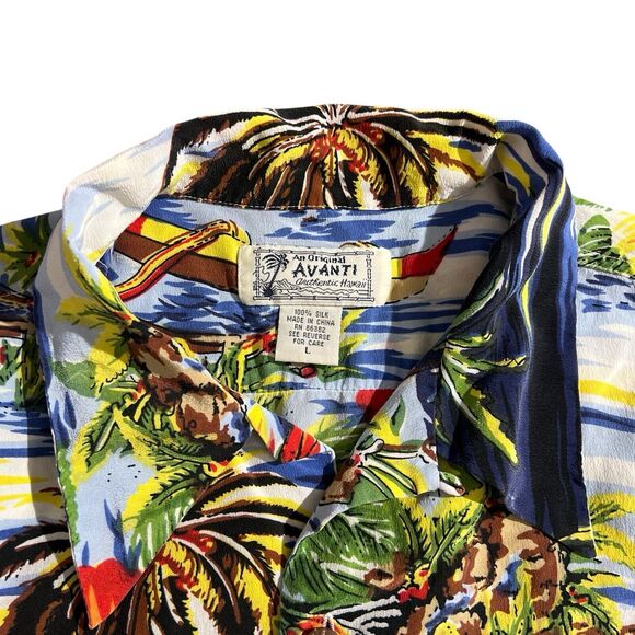 Avanti Button 100% Silk Aloha Hawaii Islands Landscape Shirt Floral Print Sz L - Picture 6 of 16
